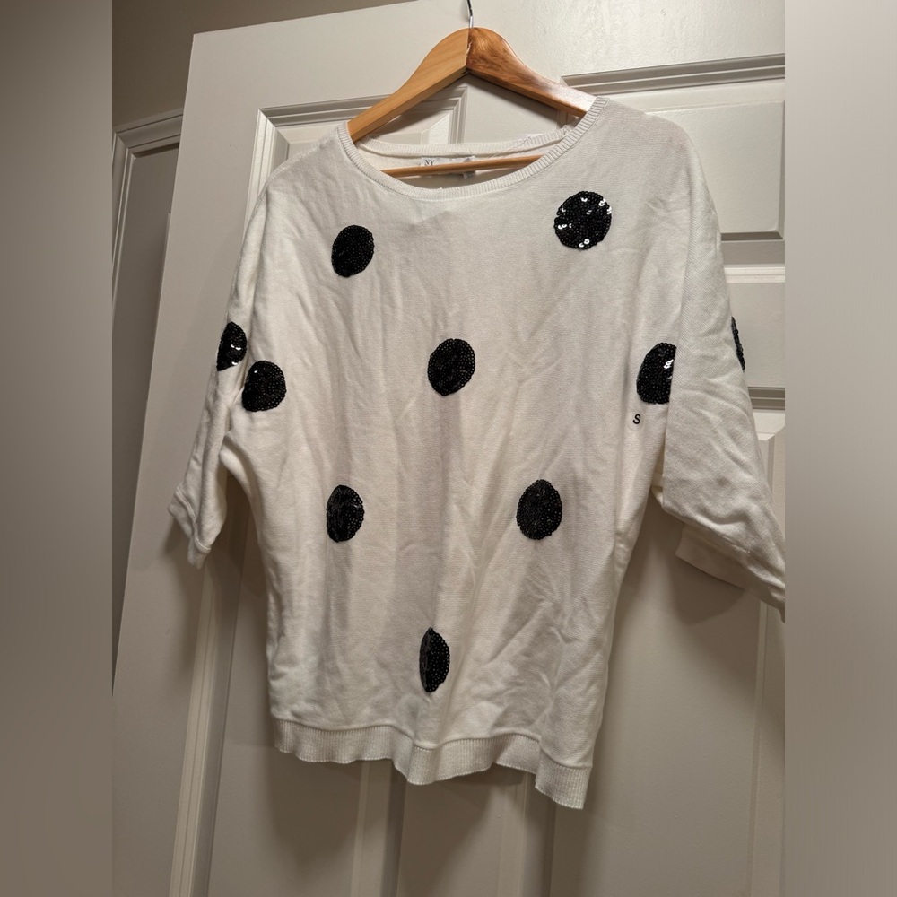 NY&Co white batwing sweater with black sequin dots size small